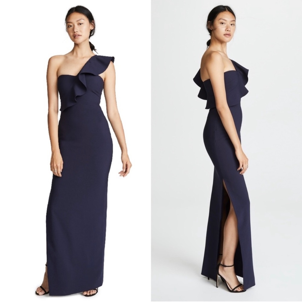 LIKELY Halsey Ruffle One-Shoulder Gown Navy